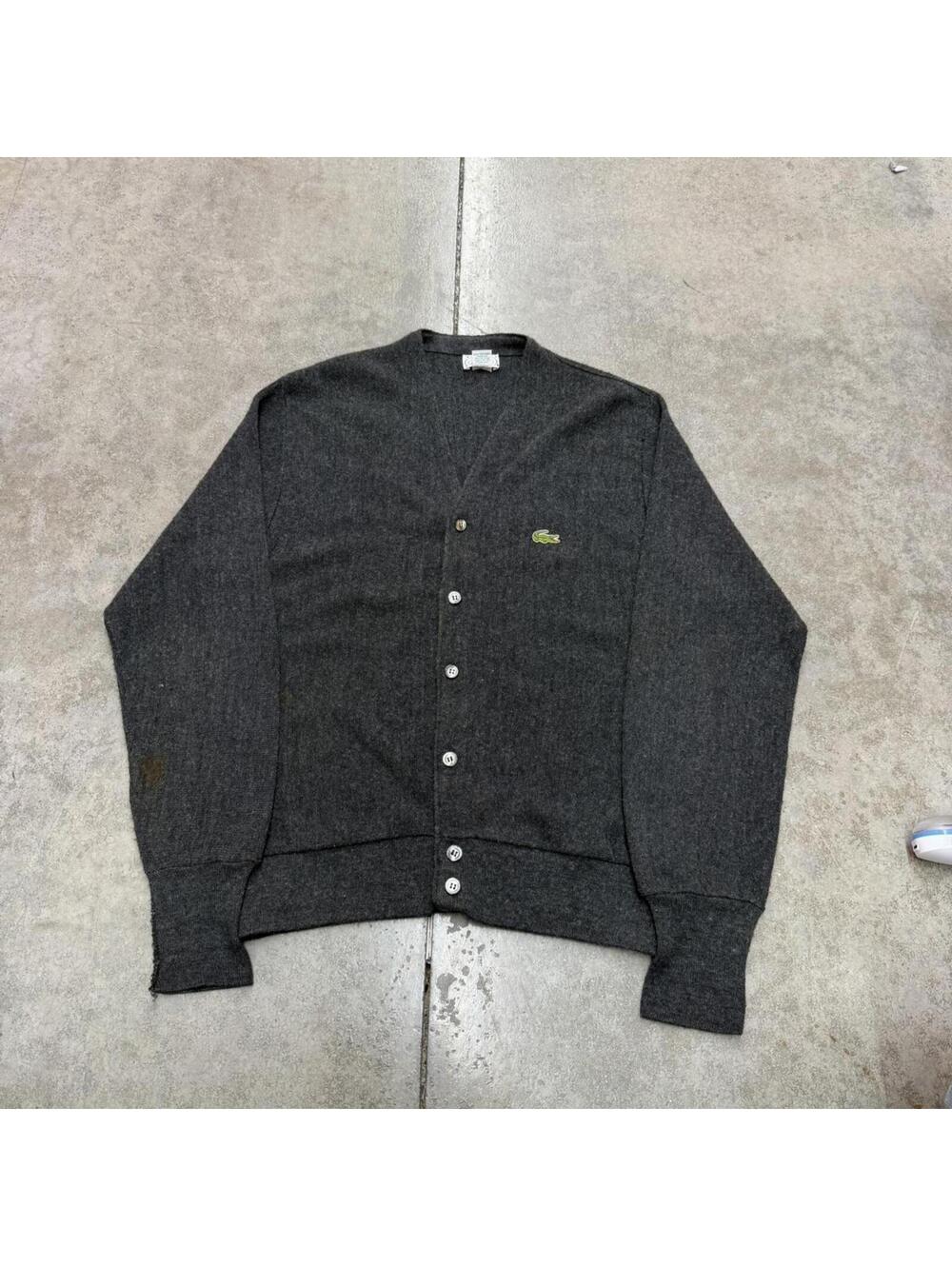vintage lacoste made in usa dark grey alligator knit cardigan sweater medium